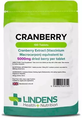 Cranberry 5000mg X 100 Tablets; Vegan; Lindens • £6.81