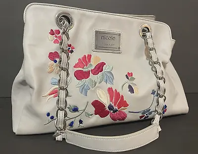 New NICOLE MILLER Large Palest Blue Embroidered Flower Front Shoulder Handbag • $14.50