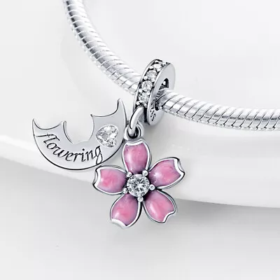 Flowering Love Flower Charm Pave Dangle Charm Genuine Sterling Silver 925 Mum • £13.99