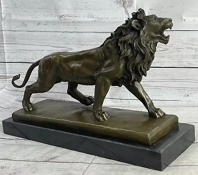 Roaring Lion Handmade Bronze On Marble Base Sculpture Statue Figurine Art Decor • $244.65