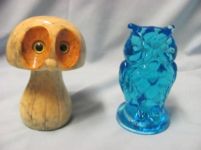 $9.99 • Buy Lot Of 2 OWL Paperweights Figurines Blue Clear Glass & Alabaster Mushroom Owl
