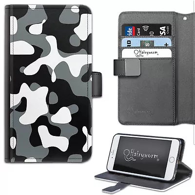 Hairyworm Black And White Camo Printed Deluxe PU Leather Wallet Flip Phone Case • £11.89