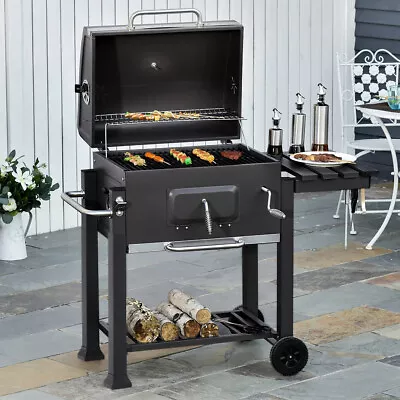 Barbecue Grill Smoke Stove Charcoal Smoky Oven Trolley With Thermometer Shelving • £129.95