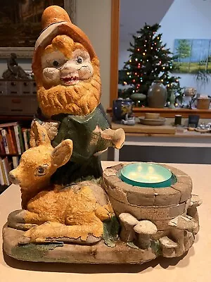 Antique Garden Gnome Chippy Paint Vintage Concrete Planter With Deer & Mushrooms • $295