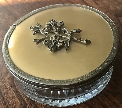 Vintage Gold Toned Metal Ornate Edge & Flower Glass Jewelry Trinket Box • $12.50