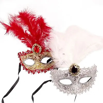 Ostrich Feather And Jewelled Masquerade Mask! Party Ball Eyemask • £5.99