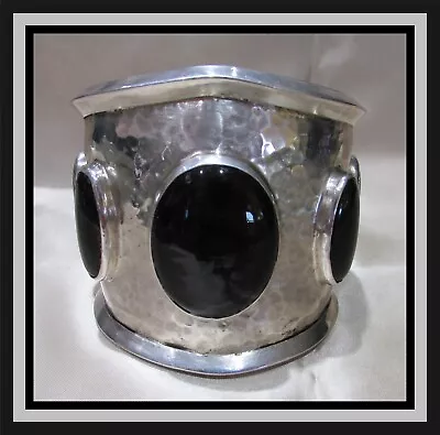 Man’s Vintage Cast Sterling Silver Cuff Bracelet With 5 Black Onyx Stones-bb&b • $100