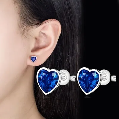 925 Sterling Silver Blue Heart Stud Earrings Jewellery Women Girls Gift UK • £3.49