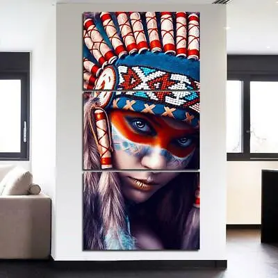 Native American Indian Girl Framed 3 Piece Canvas Wall Art Painting Wallpaper Po • $119