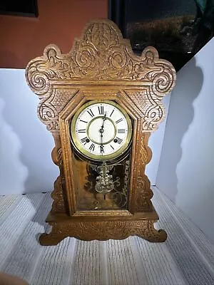 Antique Waterbury Oak Gingerbread Shelf Mantle Mantel Clock RUNS • $65