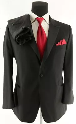 Men's Bespoke Working Cuffs Satin Lapel Wool One Button Tuxedo Suit Size 39R/W38 • $160