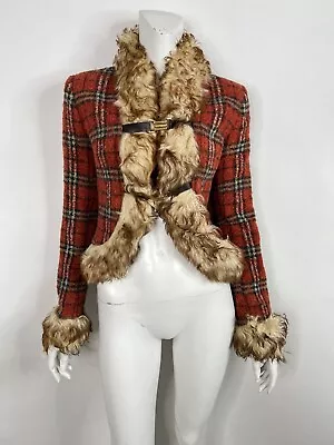 Vtg Dolce & Gabbana C.aw2001  Red Plaid Fur Trim Cropped Jacket 42 M • $375