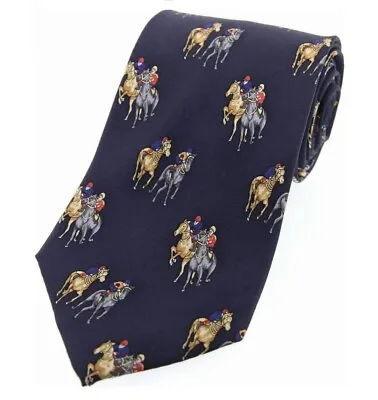 Horse Racing Tie Navy With Two Jockeys Ascot Newmarket Cheltenham • £16.49