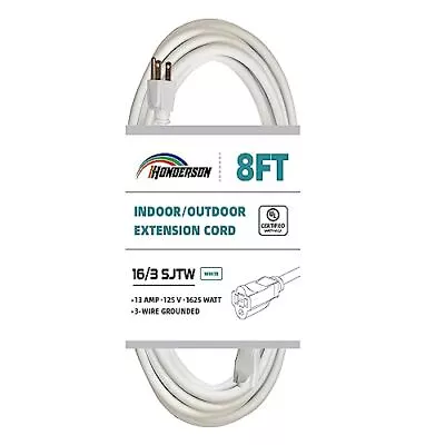 8ft Outdoor Extension Cord16/3 Sjtw Durable White Extension Cable With 3 Prong G • $14.11