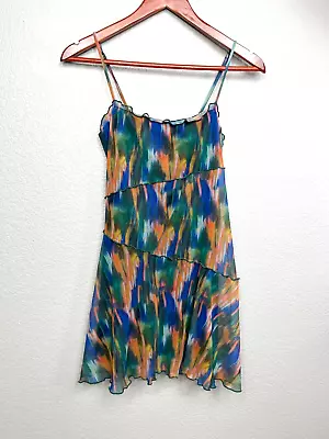 Urban Outfitters Size XS Hunter Green Navy & Orange Printed Mesh Mini Dress • $28