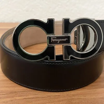 SALVATORE FERRAGAMO CS-679750 Gancini Black Leather Enamel Buckle Men’s Belt 38 • $299.98