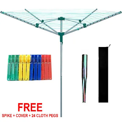 Rotary Airer 4 Arm 50m Outdoor Clothes Garden Washing Line Dryer Spike & Cover • £22.85