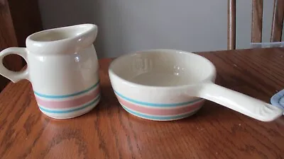 Vintage McCoy Pottery Pitcher #132  French Onion Soup Bowl Pink And Blue Stripe  • $28