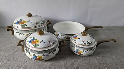 Vintage Enamel Floral Pots/Pans-Cookware Pot-Villeroy Boch Style-Great Shape! • $34
