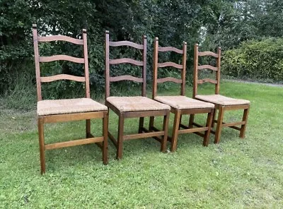 Vintage Pine Ladder High Back Rush Seat 4 X Dining Chairs Country Farmhouse  • £120