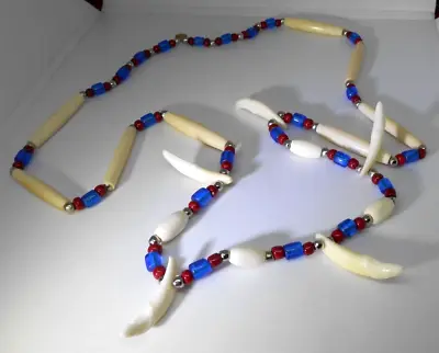 Vintage Retro Tribal Necklace Red Blue Trade Bead Bone Tubes Teeth 31  Warrior • $49.95