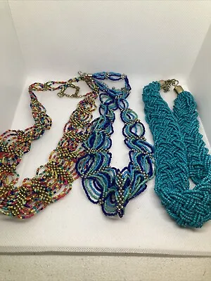Lot Of 3 Colorful Blue Green Seed Bead Necklaces • $6