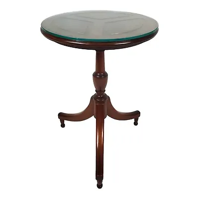 Vintage Pedestal Table Plant Fern Stand Cherry Wood Glass Top Empire Traditional • $124