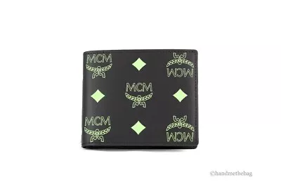 MCM Small Black Summer Green Smooth Visetos Monogram Logo Leather Bifold Wallet • $149