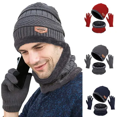 3pcs/set Mens Women Beanie Hat And Neck Scarf Knitted Gloves Set Winter Warm • £5.98