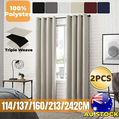 2X Blockout Curtains Thermal Bedroom 100% Blackout Curtains Fabric Pair Eyelet • $30.83