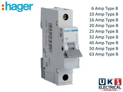 £4.79 • Buy Hager MTN 6A 10A 16A 20A 25A 32A 40A 50A Amp 6kA Type B Single Pole MCB Breaker