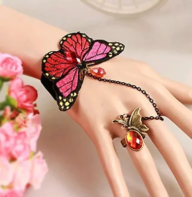 Butterfly Lace Slave Chain Link Finger Ring Bangle Hand Harness Bracelet Red • £5.50