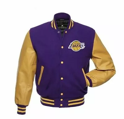 Los Angeles Lakers Varsity Jacket Purple Wool Gold Leather Sleeve FREE RETURN • $75.99