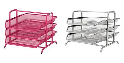 A4 Letter Tray Paper 3 High Filing Mesh Metal Desk Organiser Silver Pink Office • £14.99