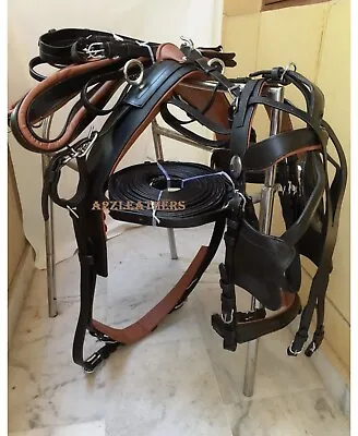 Leather Horse Driving Harness In Black/Tan | Single Horse Cart | 5 Sizes | • $349