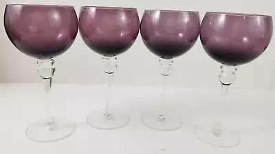 4 Purple/Amethyst Balloon Red Wine Goblet Glass Clear Stems 7.5  Vintage • £14.45