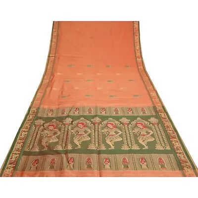 Sanskriti Vintage Green/Peach Sarees Art Silk Woven Baluchari Human Sari Fabric • $37.23