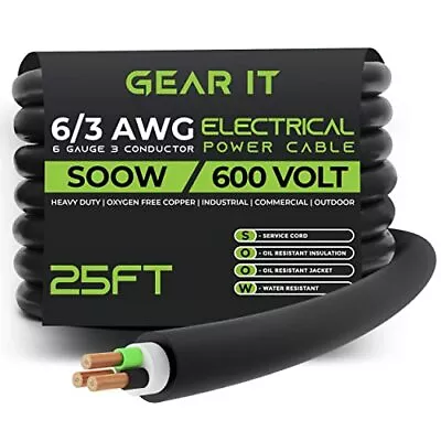 6/3 6 Awg Portable Power Cable 25 Feet 3 Conductor Soow 600v 6 Gauge Electric  • $192.62