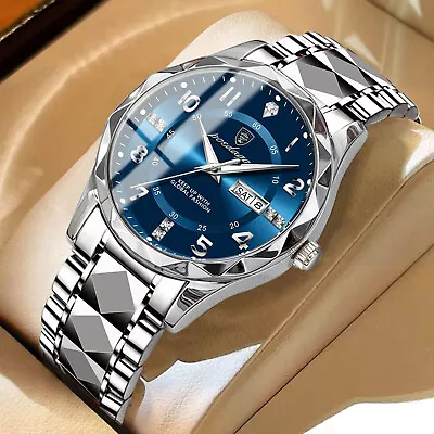 Men's Quartz Watches 3 ATM Waterproof Luminous Date Stainless Steel Wristwatches • £14.99
