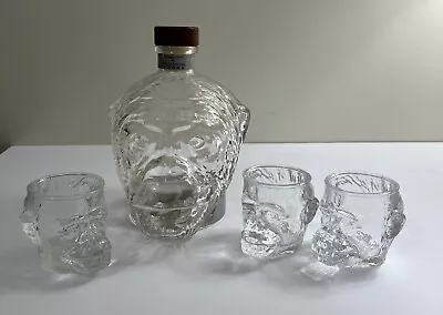 Empty MONKEY HEAD Vodka Bottle Decanter & THREE Monkey Head Shot Glasses • $52