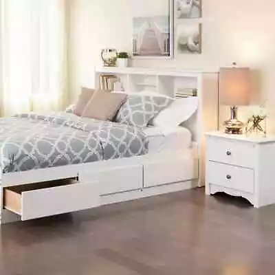 Full Queen Size Wooden Bookcase Headboard Storage Shelves Bed Frame Mount White • $190.97