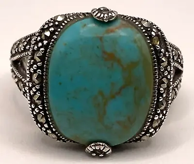 Vintage Sterling Silver Large Turquoise And Marcasite Cocktail Ring Size 8 3/4 • $39