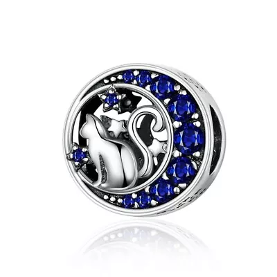 💖 Cat In Moon Stars Charm Bead Animal Pet Blue Genuine 925 Sterling Silver 💖 • £15.95