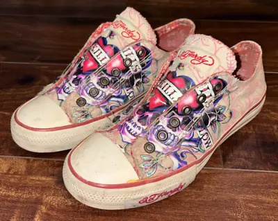 Ed Hardy Slip On Cotton Skull Laceless Tennis Canvas Shoes Womens Size 8 Euro 39 • $34.99
