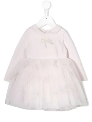 MONNALISA Girl's Pink Glitter Bow Long Sleeve Dress #734900AI 24 Month NWT • $99.95