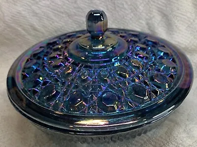 Vintage Blue Iridescent Carnival Glass Candy Dish With Cover Outstanding Colors • $19.99