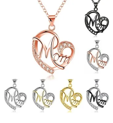 Silver Love Heart Mom Pendant Chain Necklace Cubic Zircon Mum Mother's Day Gift • £3.99