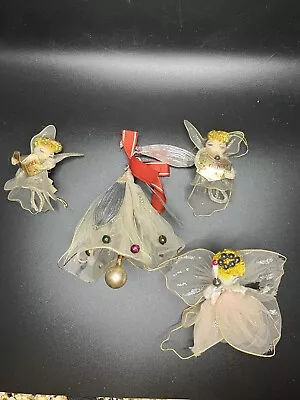 Vintage Christmas 3 Spun Cotton Pipe Cleaner Angels & Mesh Bell Ornaments Japan • $25