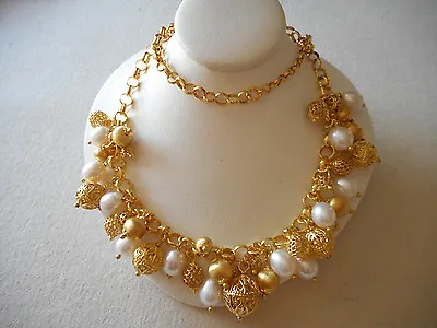 Sterling Silver Gold Kissed Italian Pearl Filigree Bead Necklace   685544 • $110