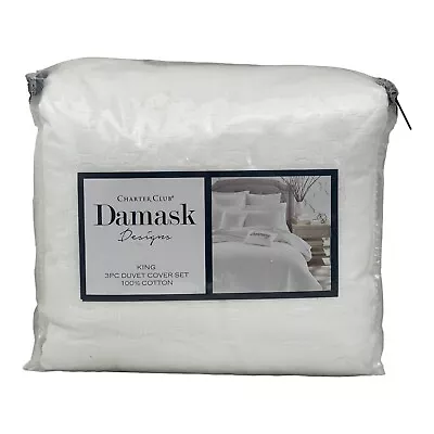 Charter Club Damask Designs Woven Tile Matelasse White KING Duvet & 2 Shams $340 • $82